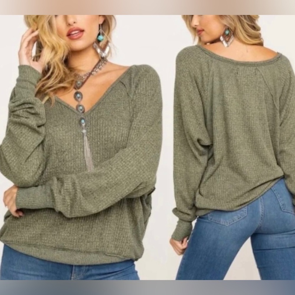 NWT Free People Santa Clara Slouchy Thermal Waffle Knit Top Army Green Size M - Picture 5 of 13